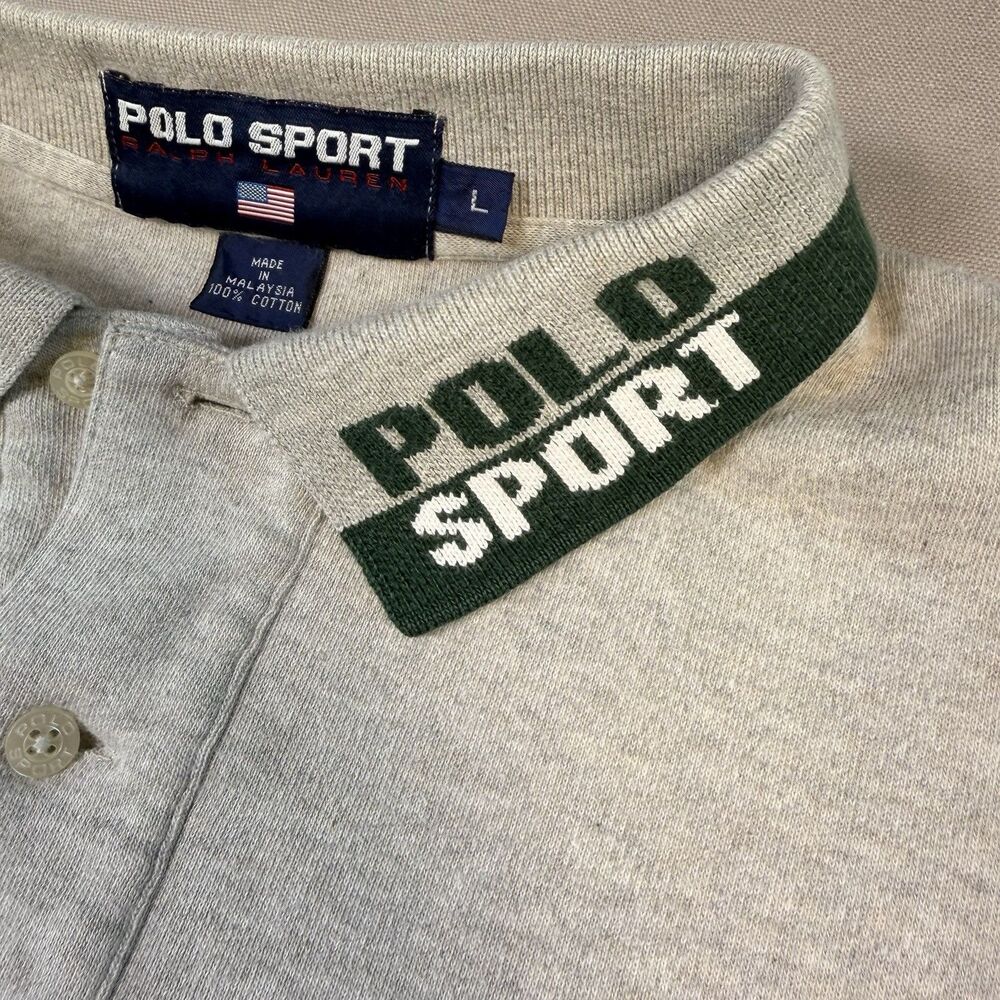 Vintage 90s Polo Sport Ralph Lauren Spellout Collar Polo Shirt Mens L Gray Green